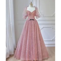 Sexy rosa Abendkleider mit Perlenkristallen Lange Prinzessin Velvet Satin Party besondere Anlässe Kleider Falten Rüschen Promise Kleid tragen