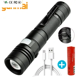 18650 년의 새로운 LED 손전등 USB 충전식 Buillt 배터리 XM-L2 U3 Torch 조절 가능한 확대 가능 초점 3 스위치 모드 방수