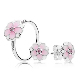 NEW 2017 100% 925 Sterling Silver Magnolia Bloom Spring Flowers Ring Gift Set Charms rings Fit DIY Original Jewelry A Set AA220315