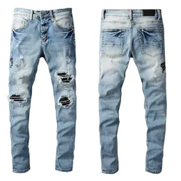 Mens Jeans Letter Embroidery Slim Distressed Denim Pants Blue Torn Tattered Ripped Black Patches Skinny Straight With Holes Size 28-40 Long Softener Cute Fashinon
