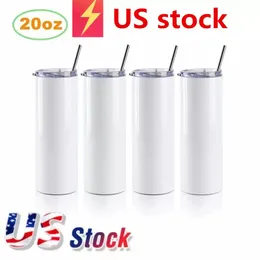 US STOCK Straight Sublimation Tumblers 20oz Double Wall Stainless Steel Insulated Tumbler with Plastic Straw Lid cups White Blank Mug Party Gifts