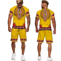Träningsoveraller för män Sommar 3D afrikanskt tryck Casual Herr Shorts Kostymer Par Outfits Vintage Style T-shirts Man/Kvinna Träningsoverall 2 delar Set Herr