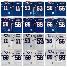 Chen37 NCAA Piłka nożna 56 Lawrence Taylor 89 Mark Bavaro koszulki 11 Phil Simms 53 Harry Carson 58 Carl Banks Man Vintage Niebieska Biała