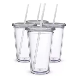 NEW Stock 16oz Plastic Tumblers Double Wall Acrylic Clear Drinking Juice Cup With Lid And Straw Coffee Mug DIY Transparent Mugs