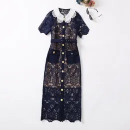 2022 Fall Autumn Short Sleeve Peter Pan Neck Blue Floral Lace Panelled Belted Single-Breasted Dress Elegant Casual Dresses 22G032346 Plus Size XXL
