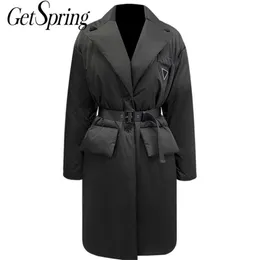 GetSpring Женщины Parka Wind Winter Coats Bangage Vintage Long Down Jacket Женщина Black Oversoat Fashion 201210