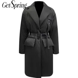 Getspring Women Parka Womens Winter Coats Bandage Vintage uzun ceket kadın siyah palto moda 201210