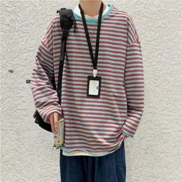 T-shirt da uomo T-shirt oversize a righe manica lunga o collo scava fuori moda coreana harajuku hip casual abbigliamento in cotone sciolto maschile