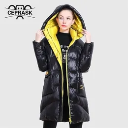 Casque de inverno CePrask Mulheres de alta qualidade Coloras de cores de marca de casaco Parka com capuz de capuz Loose Cut Outwear Plus 201127