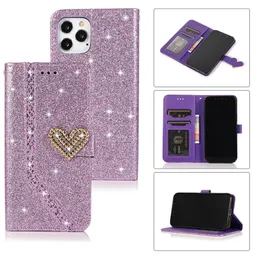 Lanyard Glitter Flip Love Heart Phone Case för Samsung S22 Ultra S21 Plus S20Fe S21FE S10 Note20 Note10 Pro Note9 A13 5G A33 A53 A73 Flera kortspår Wallet Shell