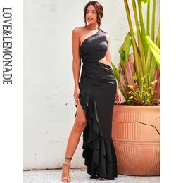 Lovelemonade sexy preto fora do ombro recorte split babados reflexivo cetim festa maxi vestido LM82202-A 220507