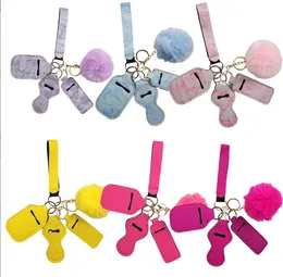 5 pçs/set Neoprene Wristlet Keychain Pompom Hand Sanitizer Pulseira Batom Keychains Silver Keyring para Mulheres 18 cores