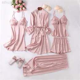 Nachtwäsche mit Spitze, Damen-Pyjama-Set, sexy 5-teiliges Kleidungsstück, Kimono-Kleid, sexy Loungewear, V-Ausschnitt, Bademantel, Dessous, Nachtwäsche, L220803