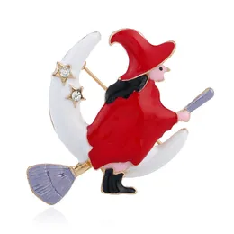 New Design Fashion Jewelry Brooches Crystal For Women Halloween Decoration Witch and Broom Enamel Pins