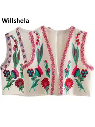 Willshela Kadın Moda Pozisyon Çiçek Baskı Mahsul Yelek Vintage Retro Ulusal Stil Kadın Şık Lady Weistcoat Kıyafetleri 220715