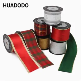 Huadodo 40mm 112 "Christmas Ribbon Festival Plaid Wired Ripbons for Decoration Year Gift 3 Yards Y201020