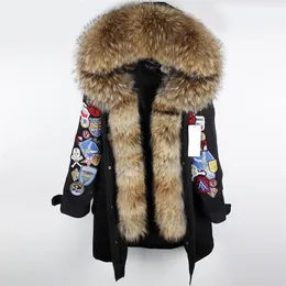 Maomaokong X-långa broderier stort äkta päls huva parkas kappa naturliga päls kvinnor militärjacka 201126