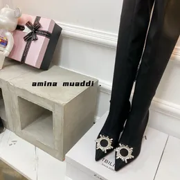 2022 Fashion Designer Amina Muadi Black Pointed Toe Boots Women Horseshoe Heel Boots Over Knee Desert Boots Radiant Crystal Winter Shoes With Box NO389