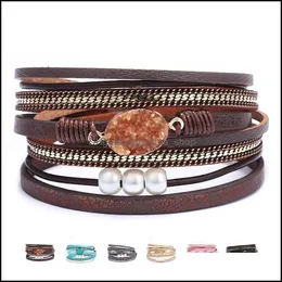 Charm Bracelets Jewelry Boho Mti-Layer Leather Bracelet For Women Handmade Braided Pearl Rhinestone Wrap Magnetic Buckle Bangle Girls Drop D