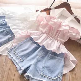 衣類セット夏の女の赤ちゃんの服スーツ甘いスリングドゥヴェテイルドレストップデニムショーツヨーロッパアメリカンスタイルの子供用セットカッティング
