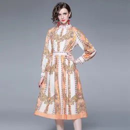 Casual Dresses Vintage Print Medium Long Dress for Women Office Lady Half High Collar Party Autumn Elegant 2022Casual