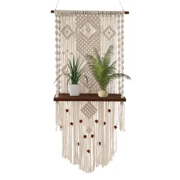 Tapestries Macrame Hang Shelves Hand-Woven Shelf Indoor Outdoor Floating Wood Decorative Shelve Hand Made Rope Boho Shelving Gift ForTapestr