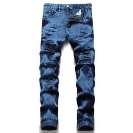 Tie Dye Blue Black Ripped Jeans 2022 Men's Slim Fit Straight Multiple Holes Denim Pants Fashion Casual Size 28-40 Streetwear