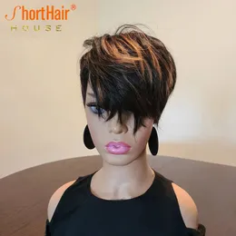 Curto Bob Pixie Cut Wig Highlight Color perucas de cabelo humano com longa franja natural para mulheres negras feitas à máquina