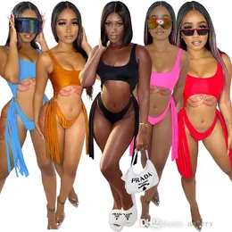 Sexig en bit baddräkt för kvinnor 2022 Summer Kvinnokläder tunn vuxen fast färg Tassel Bikini Beach Wear