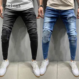 Męskie Skinny Jeans Moda Denim Spodnie Mężczyzna 2020 Otwór Ripped Spodnie Streetwear Mężczyźni Zipper Denim Pant Blue Hip Hop Pencil Spodnie G0104