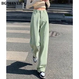 BGTEEVER Casual Spring Women Long Jeans Trousers High Waist Pockets Loose Female Wide Leg Denim Pants Ladies FloorLength Pants 220701