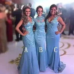 2022 Blue Satin Prom Kleider Meerjungfrau Perlen Spitzen Applikationen Bodenlänge Meerjungfrau gegen Hals Hochkragen Magd der Ehrenkleid Afrikanische Abend Gast Vestidos