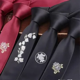 Personalized 5cm Skinny Tie White Yulan Embroidery Narrow Necktie Formal Dress Accessory Birthday Present Graduation Cravat