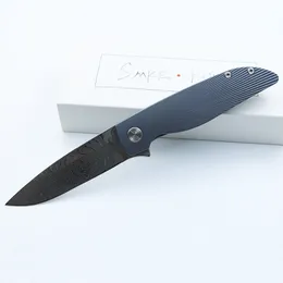 Smke Knives Rask Flipper Fällkniv Damaskus Blad Blå Anodiserad Titan Handtag Överlevnad Taktisk Fickkniv Utomhus Camping Verktyg