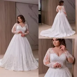 Plus Size 2022 A Line Wedding Dresses Bridal Gowns V Neck Long Sleeve Lace Appliqued Sweep Train Vestidos De Novia B0516