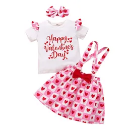Clothing Sets Shirts Tops Girls Baby Day Outfits Skirts Toddler Valentine's Heart Printed T Letter Suspenders Girl Clothes OutfitsClothi