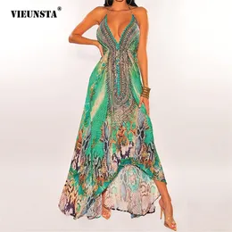 Vieunsta Summer Bohemia Retro Shleeless V Neck Sexy National Style Backles Długa spódnica nadruk nieregularna sukienka huśtawka 220629