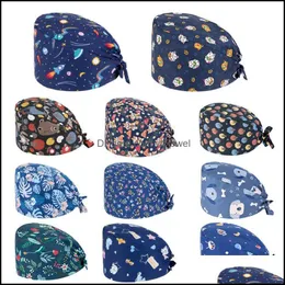 Beanie/Skl Berretti Cappelli Cappelli Sciarpe Guanti Accessori di moda Stampa Scrub Cotton Nurse Hat Floral Bouffant Berretto sanitario con fascia antisudore Auto