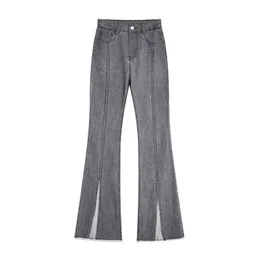 Calças de jeans cinza feminino 2021 Retro y2k bainha dividida calça longa calça longa cintura alta rok relax ulzzang calças de jeans T220728