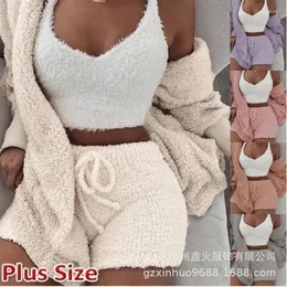 Women's Shorts Three Pieces Set Women Winter Autumn Plush Home Wear Casual 3-Piece Pajamas Long-Sleeved Navel Vest Top And