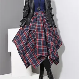 [EAM] Spring High Waist Red Plaid Split Joitn Loose Big Hem Half-body Skirt Women Fashion All-match JD402 220401