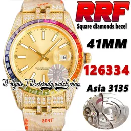 RRF Senaste JH126334 A3135 Automatisk herrklocka TW126233 ZZ126333 Rainbow Square Diamonds Bezel Gold Dial 904l Steel Iced Out Diamond Armband Eternity Watches