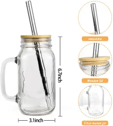 Reusable Glass Mug Mason Jar Cups with Bamboo Lids and Stainless Steel Straws 24 OZ Fruit Bottle Handle