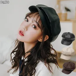 Berets Faleto 브랜드 옥타곤 모자 모자 여성 가을 ​​겨울 가죽 파나마 세련된 아티스트 화가 Sboy Caps Fashion Women Hatberets