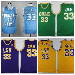 남성 아이오와 주 33 Larry Bird Lsu Tigers Oneal 33 Shaq Bird Blue Purple College University Mens Basketball Jersey Yellow Stitched Uniforms Man Jerseys