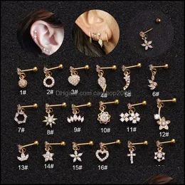 Andra ￶rh￤ngen smycken 18 st dingle piercing brosk med CZ Flower Star Crown Heart Cross Wing Dainty Conch Tragus Helix S DHMXN