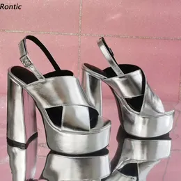 Rontic High Quality Kobiety Platformy Sandały Klamra Pasek Unisex Block Heel Otwarte Otwarte Pretty Silver Party Shoes Dams US Rozmiar 5-15