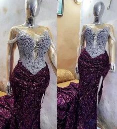 2022 Plus Taille Arabe Aso Ebi Violet Sirène Luxueux Robes De Bal Sheer Cou Soirée Formelle Deuxième Réception Anniversaire Robes De Fiançailles Robe ZJ232