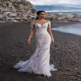 2022 Abiti da sposa a sirena con maniche lunghe in pizzo da spiaggia Appliqued Sweep Train Plus Size Abito da sposa Abiti da sposa vestido de novia Brautkleider