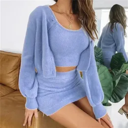 Синий вязание повседневное набор двух частей и юбка Осенние Женщины установили сексуальный свитер 2 штука для женщин наряды.
